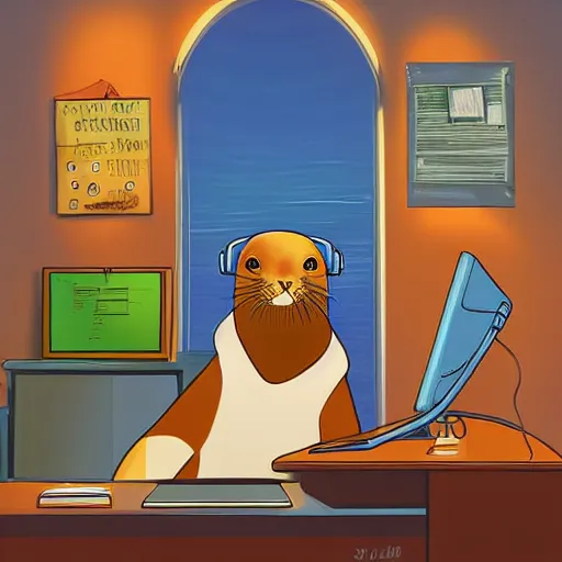 Prompt: illustration for a story that reads : at the office, day and night, you can find the sleek sea lion. he's working on the computer, just doing his job, and doing it right., colorful, fantasy, pixar, childrens book cover, high detail illustration, sharp high detail, manga and anime ( 4 ) - s 5 0