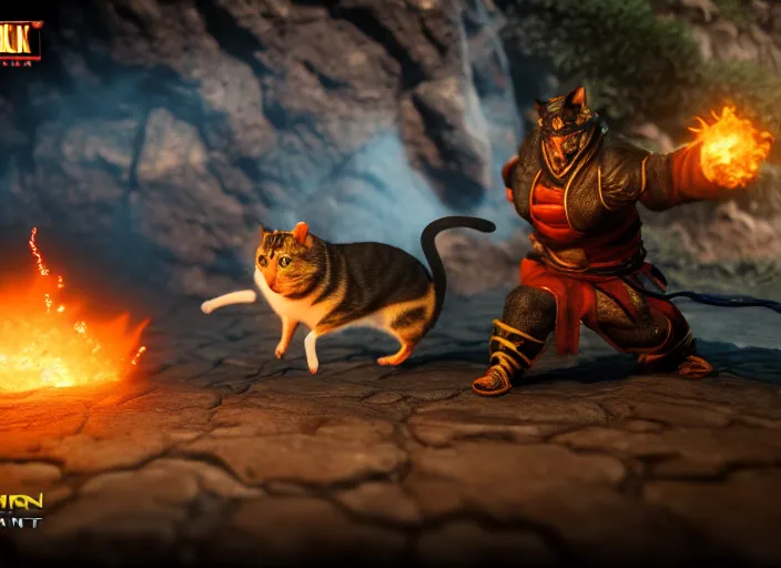 Image similar to hamster fights a cat in mortal kombat at a volcano with shao khan cheering in the background. fantasy magic style. highly detailed 8 k. intricate. lifelike. soft light. sony a 7 r iv 5 5 mm. unreal engine with nanite and path tracing