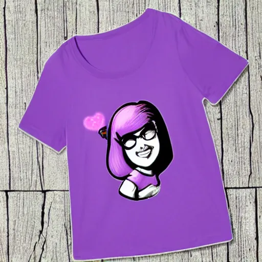 Image similar to a purple t-shirt with a cartoon woman's face