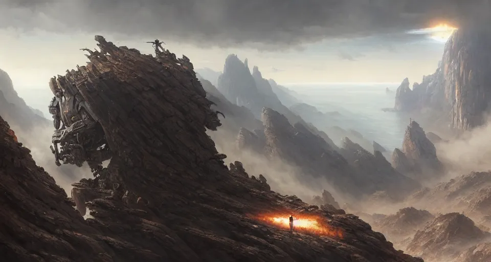 Image similar to hyper realistic sci - fi matte concept art painting of mecha on a cliff overlooking a raging battle, beautiful details, strong composition painted by kim jung guweta studio rutkowski, james gurney and greg rutkowski, and lucasfilm, smooth, intricate, detailed, sharp focus, cinematic