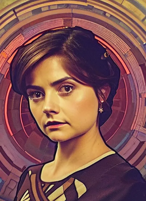 Image similar to jenna coleman as a star trek captain, a still from star trek painted by alphonse mucha. clear highly detailed face, beautiful sci fi art