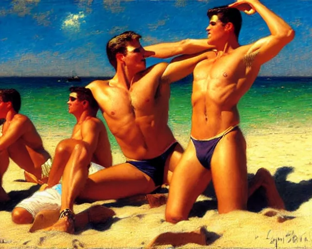 Image similar to top gun beach volleyball scene, warm colors, soft angles, soft focus, painting by gaston bussiere, craig mullins, j. c. leyendecker, tom of finland