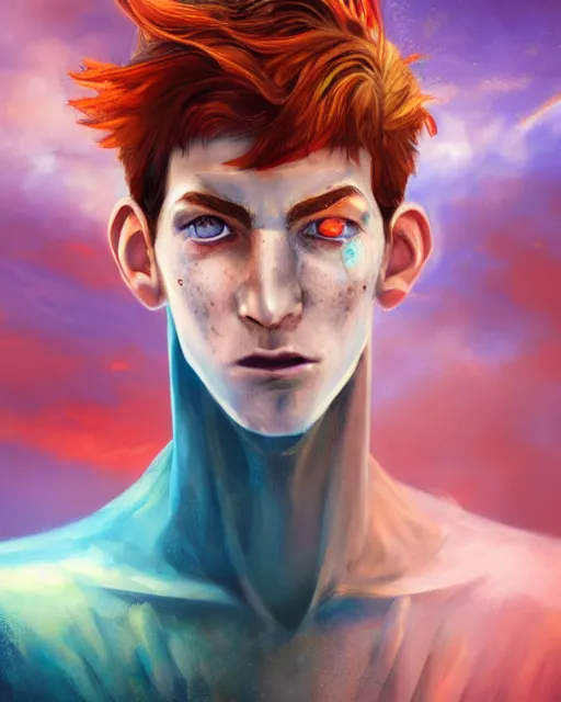 Image similar to an epic fantasy comic book style portrait painting of tall, thin, 1 5 - year - old boy with a long nose, a lot of freckles, fiery red hair, and bright blue eyes, unreal 5, daz, hyperrealistic, octane render, cosplay, rpg portrait, dynamic lighting