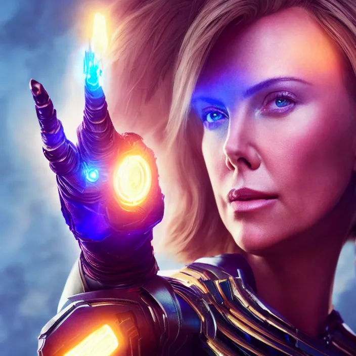 Prompt: portrait of ((((Charlize Theron)))), wearing The Infinity Gauntlet. SNAP. intricate artwork. octane render, trending on artstation, very coherent symmetrical artwork. avengers. thanos. cinematic, hyper realism, high detail, octane render, 8k, iridescent accents