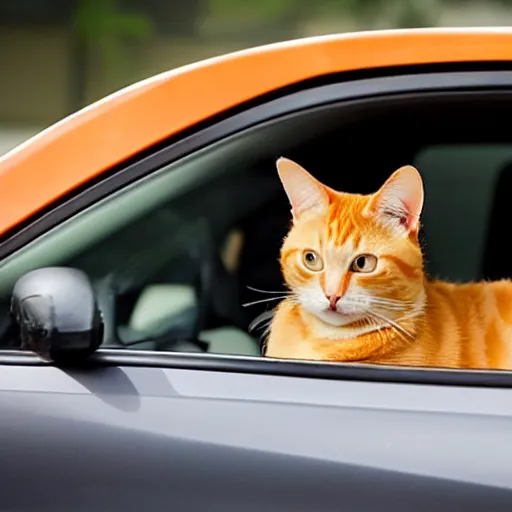 Image similar to an orange tabby cat driving a car