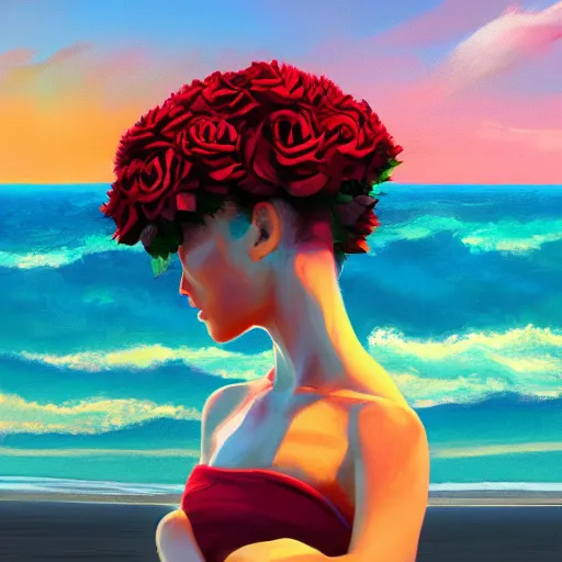 Image similar to portrait, giant rose flower head, girl dancing at the beach, surreal photography, sunrise, blue sky, dramatic light, impressionist painting, digital painting, artstation, simon stalenhag