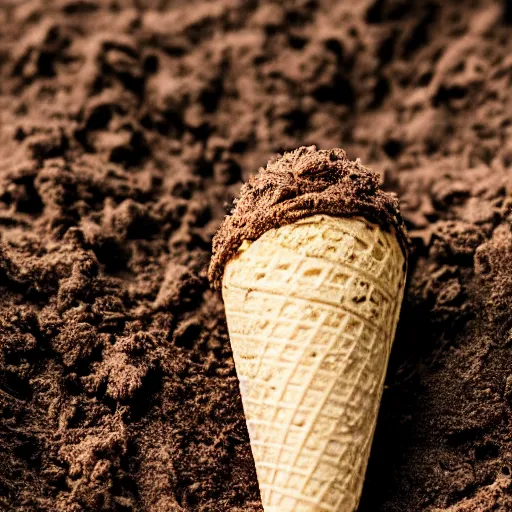 Prompt: macro photo of an ice cream cone covered in dirt and hair