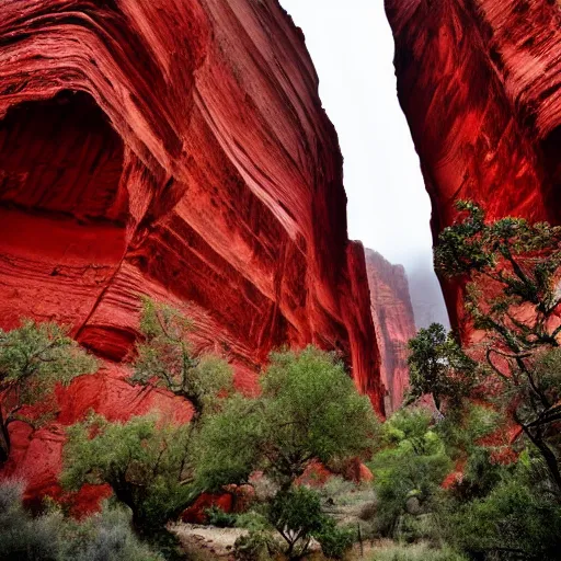 Image similar to a red cathedral in a canyon. overcast sky.