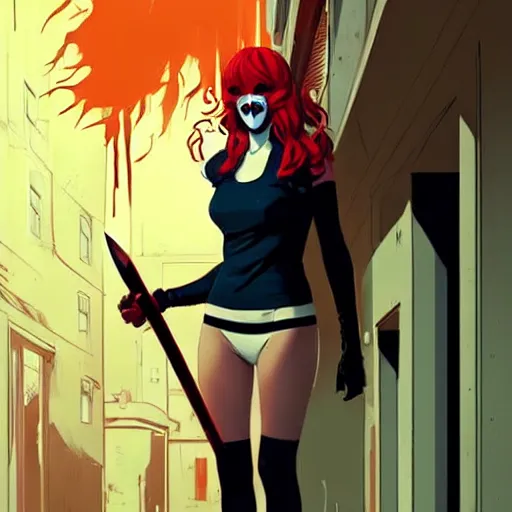 Image similar to style of Jaime McKelvie and Joshua Middleton comic book art, cinematic lighting, realistic, bunny mask female villain holding a bloody kitchen knife, standing in an alleyway, full body sarcastic pose, symmetrical, realistic body, knee high socks, The Purge, rioters, night, horror, dark color palette