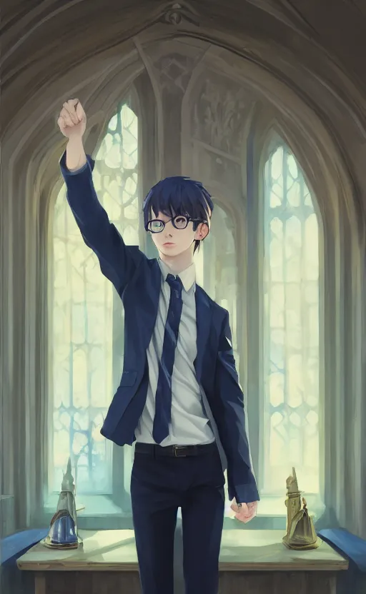 Prompt: a portrait of a cute young male ravenclaw student, hogwarts setting, vivid colors, soft lighting, atmospheric, cinematic, moody, in the style of ilya kuvshinov and range murata, krenz cushart, rule of thirds, oil on canvas, 8 k