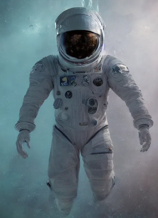 Image similar to concept art by craig mullins infrared complex and hyperdetailed technical astronaut suit in futuristic dark and empty spaceship underwater. reflection and dispersion materials. rays and dispersion of light. volumetric light. 5 0 mm, f / 3 2. noise film photo. flash photography. unreal engine 4, octane render. interstellar movie art