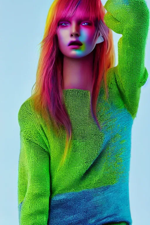 Image similar to stylish pullover for a rave bright colors, many details, photo for a magazine, photo for a store, fashion photography, Vogue, cinematic, hyper realism, high detail, 8k, very coherent symmetrical work, perfect face model, full length photo, Upper and lower body,Soft shadows on the face, white eyes, photographer style by Nik Night Erik Madigan Hec and Walter Chin and Camilla Akrans and Miles Aldridge