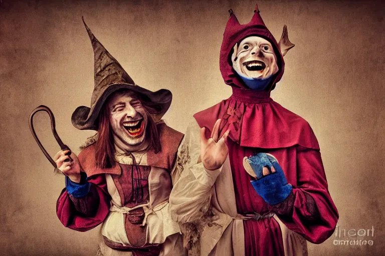 Prompt: medieval jester laughing, sinister, photograph, portrait, digital art,