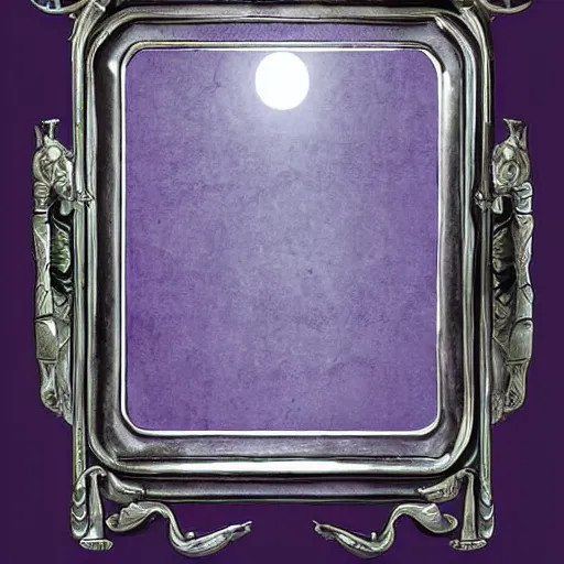 Prompt: a mirror in the shape of an antique silver tray shooting purple magic, d & d bestiary picture, digital art