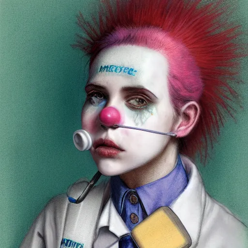 Image similar to clowncore pastel punk young hospital nurse wearing stylish uniform. detailed, portrait, 8 k, artwork by jean - baptiste monge