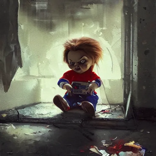 Image similar to the doll chucky playing super nintendo, oil painting, by greg rutkowski