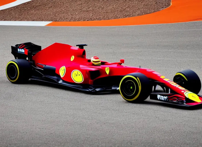 Prompt: live action photo of the 2 0 2 1 f 1 ferrari car, with clown themed livery, 8 k, hdr, sports photography