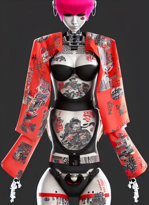 Image similar to full body photo of a punk geisha robot with kanji tattoos and decals wearing a digital pixelated kimono, intricate design, photo - realistic, octane render, ultra fine detailed, character design, trending on artstation