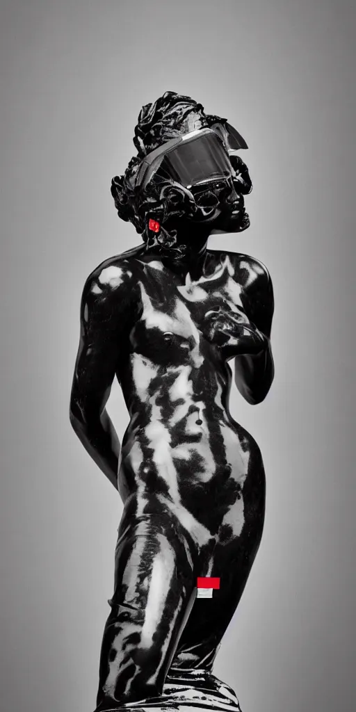 Image similar to extremely beautiful female black marble statue in the style of virgil abloh, colorful motocross logos behind her, sharp focus, clear, detailed,, cinematic, detailed, off white, glamourous, symmetrical, vogue, editorial, fashion, magazine shoot, glossy