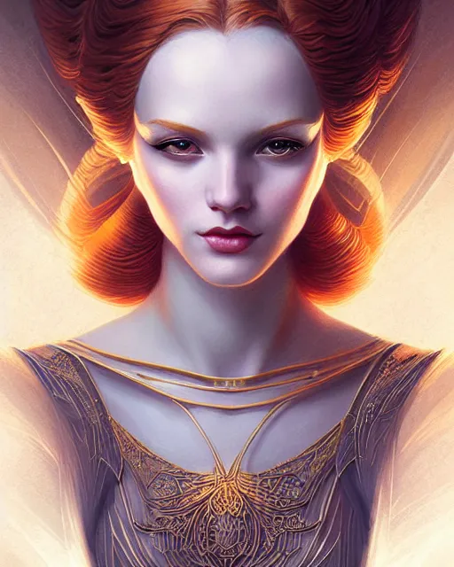 Prompt: Beautiful and playful ethereal ginger portrait, art deco, fantasy, intricate art deco golden designs, elegant, highly detailed, sharp focus, art by Artgerm and Greg Rutkowski and WLOP