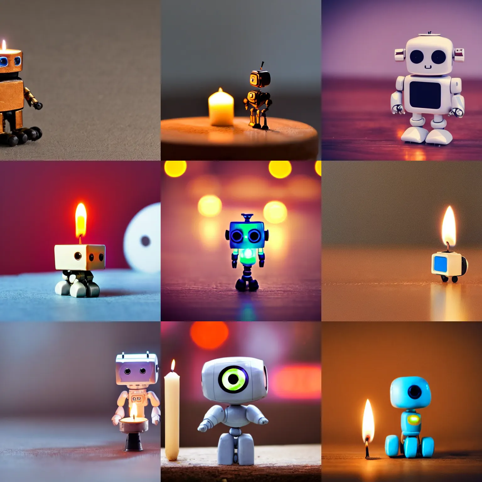 Prompt: a cute little robot sitting on a matchstick with a lit candle in the background