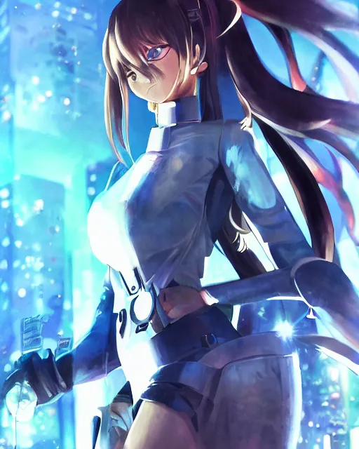 Image similar to full body portrait of anime girl in mechanic armor in night tokyo by makoto sinkai, perfect face, fine details