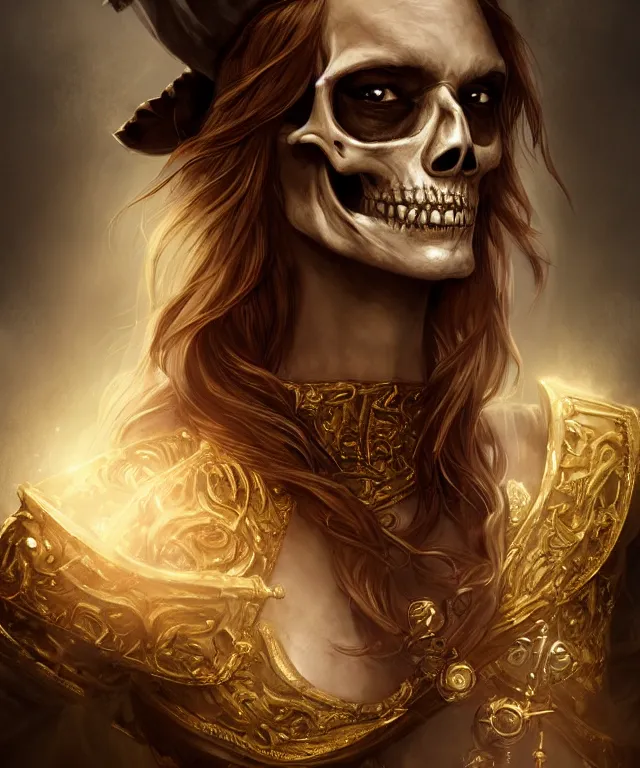 Prompt: pirate skeleton by charlie bowater and titian and artgerm, full - body portrait, intricate, face, gold hoard, elegant, gold mist, beautiful, highly detailed, dramatic lighting, sharp focus, trending on artstation, artstationhd, artstationhq, unreal engine, 4 k, 8 k