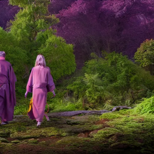 Prompt: a sabretooth tiger walking next to a druid in a purple robe. forest scene. cinematic. epic. octane render. trending.