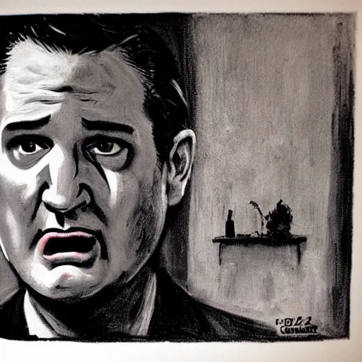 Prompt: Ted Cruz escapes, black and white, creepy lighting, scary, horror, ornate, eerie, fear, oil painting