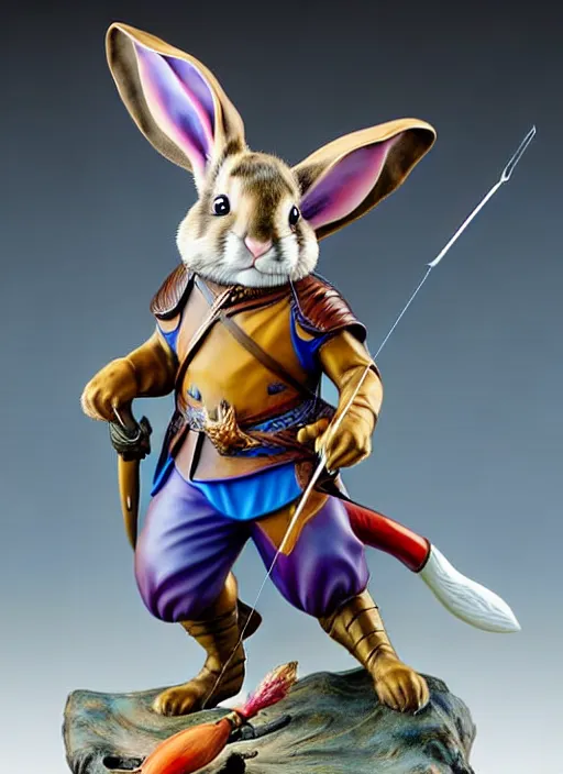 Prompt: a porcelain figurine of a heroic rabbit crossbowman, redwall, lisa frank and greg rutowski and jean baptiste monge, very detailed, epic fantasy concept art