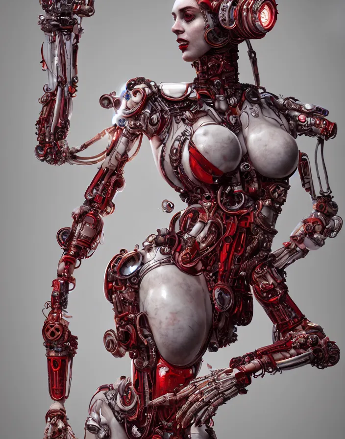 Prompt: portrait, antique marble statue venus, super hero pose, red white biomechanical dress, inflateble shapes, wearing epic bionic cyborg implants, masterpiece, intricate, biopunk futuristic wardrobe, highly detailed, art by akira, mike mignola, artstation, concept art, background galaxy, cyberpunk, octane render