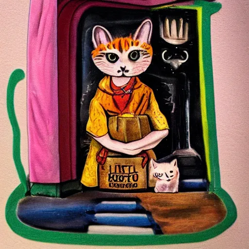 Prompt: a little alley cat living inside trash at night in the style of kahlo