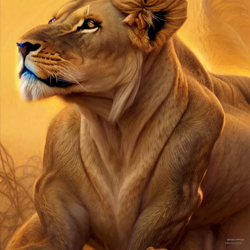 Prompt: highly detailed portrait of a majestic lioness queen in the form of a beautiful woman. d & d. art by donato giancola, george b. bridgman, ruan jia, alberto vargas. trending on artstation, intricate details, energetic composition, golden ratio, concept art, illustration, elegant art, global illuminaition