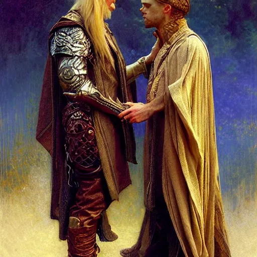 Image similar to stunning arthur pendragon in love with stunning male merlin the mage. they are close to each other. highly detailed painting by gaston bussiere, craig mullins, j. c. leyendecker