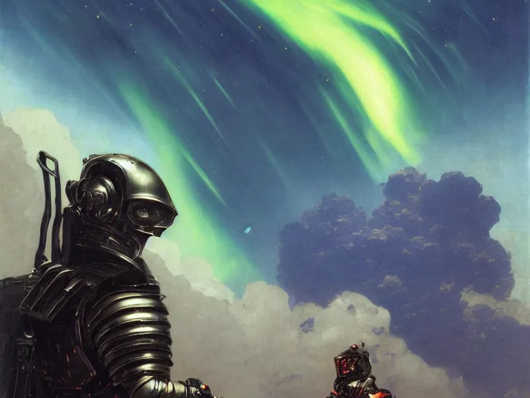 Image similar to a detailed profile painting of a bounty hunter in armour and visor, cinematic sci-fi poster. Flight suit, anatomy portrait symmetrical and science fiction theme with lightning, aurora lighting clouds and stars. Clean and minimal design by beksinski carl spitzweg and tuomas korpi. baroque elements. baroque element. intricate artwork by caravaggio. Oil painting. Trending on artstation. 8k