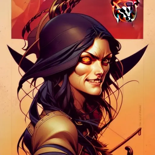 Image similar to artgerm, joshua middleton comic cover art, pretty pirate phoebe tonkin smiling, symmetrical eyes, symmetrical face, long curly black hair, on a pirate ship background, warm colors