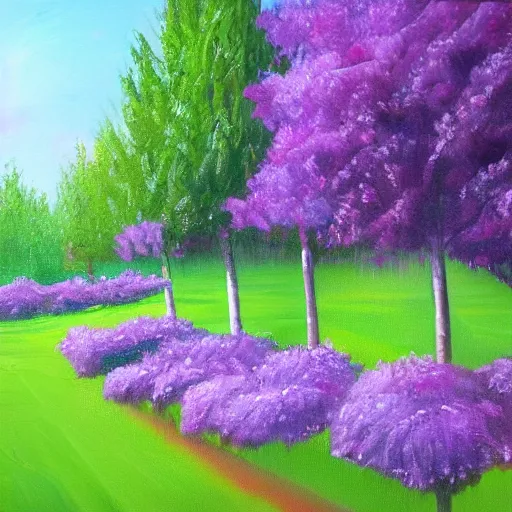 Prompt: tranquil oil painting of purple garden withe green trees, detailed, 8k, mesmerizing