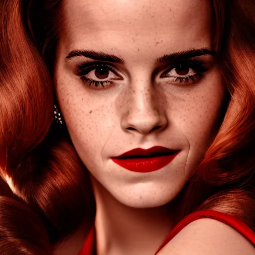 Prompt: Emma Watson as Jessica Rabbit, (Sony a7R IV, symmetric balance, polarizing filter, dynamic range, HDR, detailed, staggered depth)