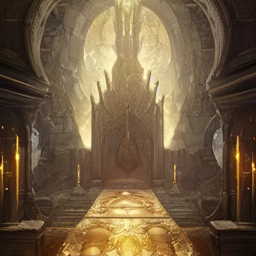 Image similar to the throne room of an elven castle, very sofisticated, marble and gold, by peter mohrbacher and dan mumford and nekro, cgsociety, volumetric light, 3 d render