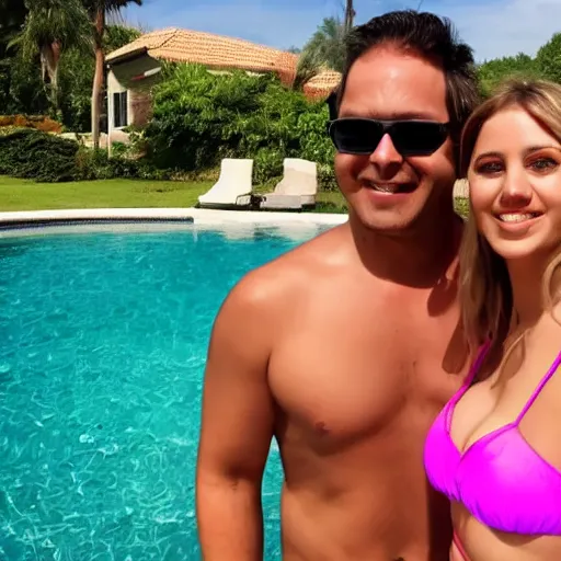 Image similar to photo of a 4 0 year old man that looks young for his age dating a very attractive 2 2 year old woman wearing a bikini. they are at a subrban house.