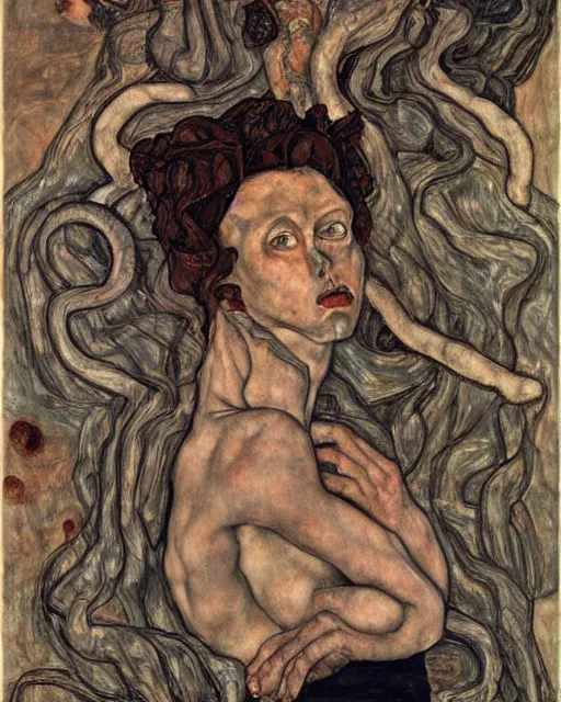 Image similar to portrait of a powerful medusa with many pythons by egon schiele in the style of greg rutkowski