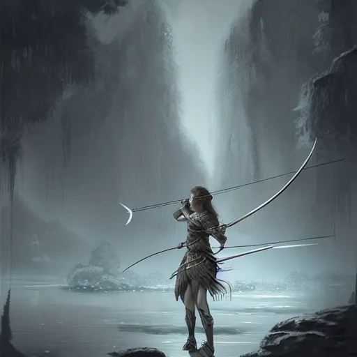 Prompt: beautiful extremely detailed intricate concept art depicting an archer by wlop. shining jewelry. grey atmosphere. particles in the background.