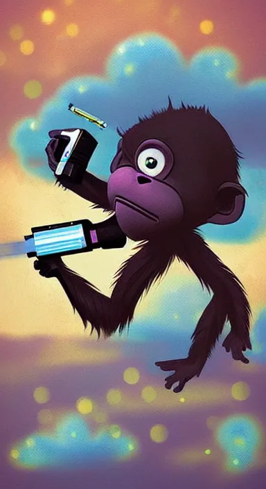 Image similar to “ big eye monkey holding laser gun floating in clouds, digital art, super aesthetic, art station childish style ”