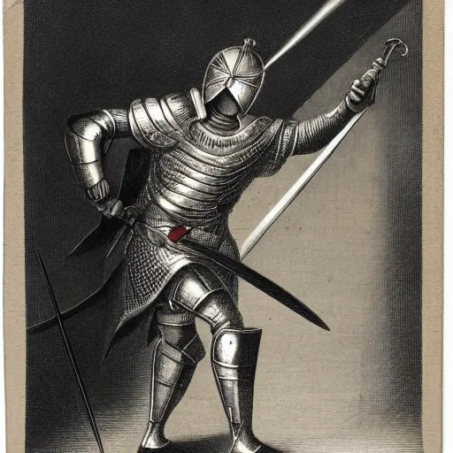 Image similar to a warrior in silver armour, wearing a tall, conical, masked helmet clutching a sword