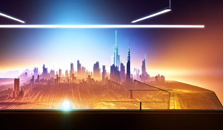 Image similar to crowd of people in simple walled warehouse, looking at hologram of futuristic city on a table, cinematic concept art, godrays, golden hour, natural sunlight, 4 k, clear details, tabletop model buildings, center model buildings, hologram center, crane shot, crane shot, crane shot