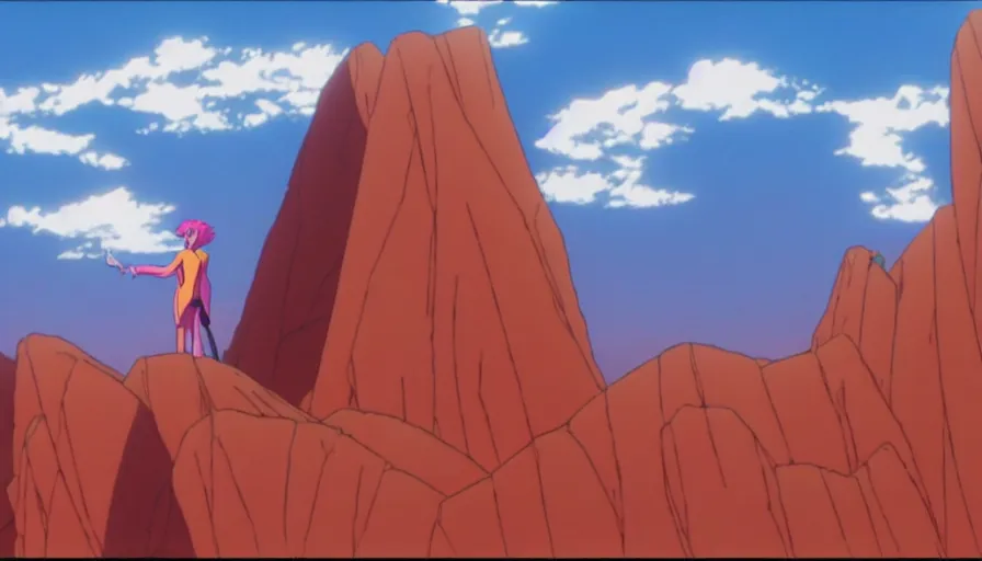 Image similar to pride rock from the lion king standing in tokyo - 3 in a long shot still from the anime neon genesis evangelion, 4 k, neon genesis evangelion official media, high quality, hideaki anno anime