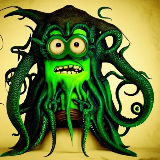 Image similar to Minion as Lovecraft's monster, dagon, Big monster, a lot of tentacles, evil, angry face, dark colours, green colours, high resolution, 50 mm, extremely realistic, cave, real life