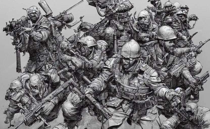Image similar to war, by kim jung gi, highly detailed, excellent composition, how to draw, sketching, trending on artstation