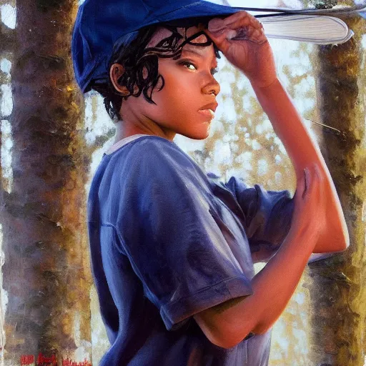 Image similar to oil painting by ilya kuvshinov,, baugh casey, artgerm craig mullins, coby whitmore, of a youthful black girl, long hair, fishing and wearing fisherman's outfit, fisherman's hat, highly detailed, breathtaking face, studio photography, noon, intense bounced light, water reflection, large tree casting shadow, serine intense sunlight