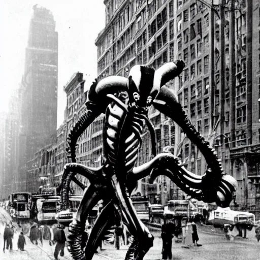 Image similar to old black and white photo, 1 9 1 3, depicting a xenomorph from the movie aliens rampaging through the bustling streets of new york city, historical record